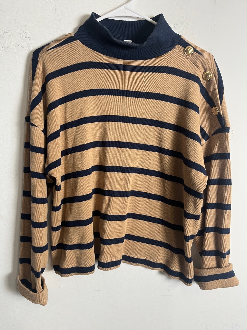 Ann Taylor Tan & Navy Striped Turtleneck with Shoulder Buttons